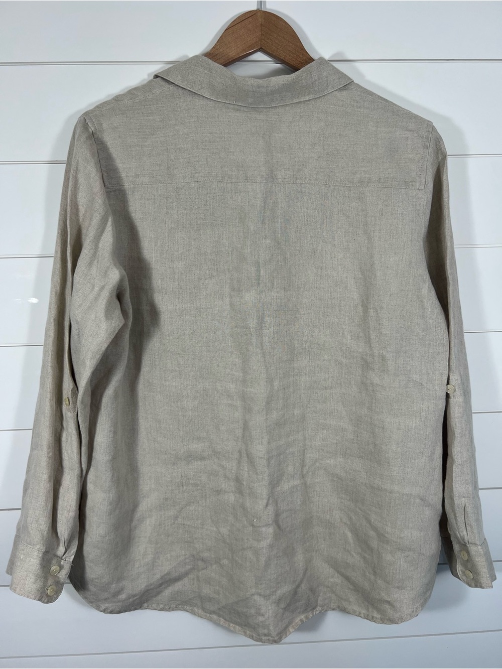 Coldwater Creek 100% Linen Button Up Shirt Womens Large Petite Beige India Made - Picture 2 of 13